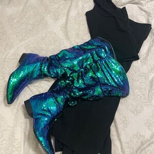 Nasty Gal Blue and Green Sequin Heeled Boots